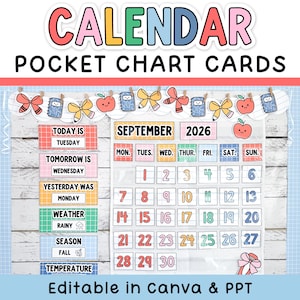 Puede incluir: Un conjunto de tarjetas de calendario para bolsillo con etiquetas coloridas para d&iacute;as, clima y estaciones. Incluye una cuadr&iacute;cula de calendario para septiembre de 2026 con cuadrados numerados, pancartas decorativas con manzanas y lazos.