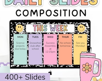 400+ Composition Notebook Teacher & Classroom Slides in Google Slides and Canva - Daily Slides, Agenda Slides, Morning Slides, Choice Boards