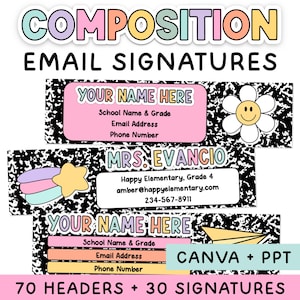 May include: Digital email signature templates featuring a black and white composition notebook pattern. The designs include pastel-colored text boxes with placeholders for name, school, email, and phone number, accented by icons like a daisy, star, and paper airplane.