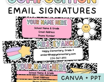 May include: Digital email signature templates featuring a black and white composition notebook pattern. The designs include pastel-colored text boxes with placeholders for name, school, email, and phone number, accented by icons like a daisy, star, and paper airplane.