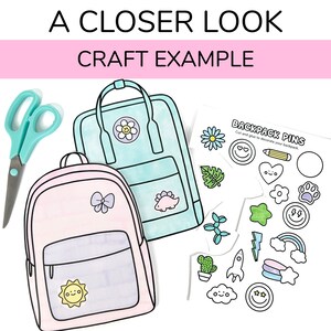 Peut inclure: Un projet d'artisanat avec deux sacs &agrave; dos vierges, un rose et un bleu, et une feuille d'autocollants avec diff&eacute;rents motifs. Les autocollants comprennent une fleur, un c&oelig;ur, une &eacute;toile, un &eacute;clair, un arc-en-ciel, un nuage, une fus&eacute;e, un cactus, un dinosaure, un soleil, un n&oelig;ud et un visage souriant.