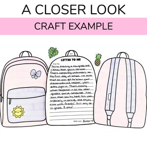 Peut inclure: Un exemple de projet d'artisanat pour une lettre &agrave; soi-m&ecirc;me. L'artisanat utilise un sac &agrave; dos rose et violet avec un soleil et un n&oelig;ud dessus. La lettre est &eacute;crite &agrave; l'encre noire et dit "Cher moi, Tu commences une nouvelle ann&eacute;e et je sais que tu es nerveux... C'est tout &agrave; fait compr&eacute;hensible le premier jour d'&eacute;cole. Je suis s&ucirc;r qu'en apprenant &agrave; conna&icirc;tre tes camarades de classe et ton professeur, tu te sentiras &agrave; l'aise. C'est exactement ce qui s'est pass&eacute; dans toutes les autres classes que tu as termin&eacute;es. Assure-toi de travailler dur cette ann&eacute;e, surtout en &eacute;criture, et profite du temps pass&eacute; avec tes amis ! Tu ne seras qu'en 5e ann&eacute;e une fois ! Avec amour, Amber♡"