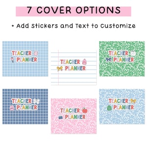 May include: Six rectangular teacher planner covers with various patterns including blue grid, lined paper, and speckled designs in green, pink, and blue. Each cover features the text TEACHER PLANNER in colorful letters with small decorative stickers.
