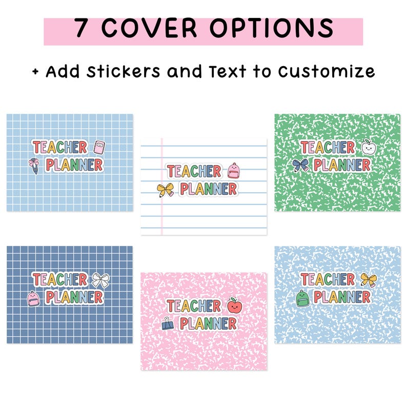 May include: Six rectangular teacher planner covers with various patterns including blue grid, lined paper, and speckled designs in green, pink, and blue. Each cover features the text TEACHER PLANNER in colorful letters with small decorative stickers.