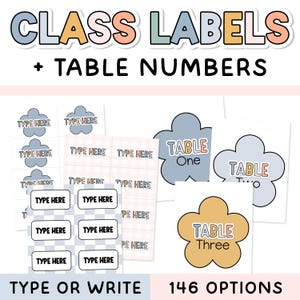 May include: A set of printable classroom labels with a pastel color scheme. The labels feature different shapes, including clouds, squares, and flowers. The text "CLASS LABELS + TABLE NUMBERS" is at the top of the image. The labels are customizable with the text "TYPE HERE".