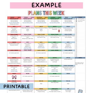 May include: A weekly planner template titled PLANS THIS WEEK with a grid layout organized by days from Monday to Friday. It includes rows for subjects like Math, Science, and Social Studies, a column for to-dos, and a notes section at the bottom.