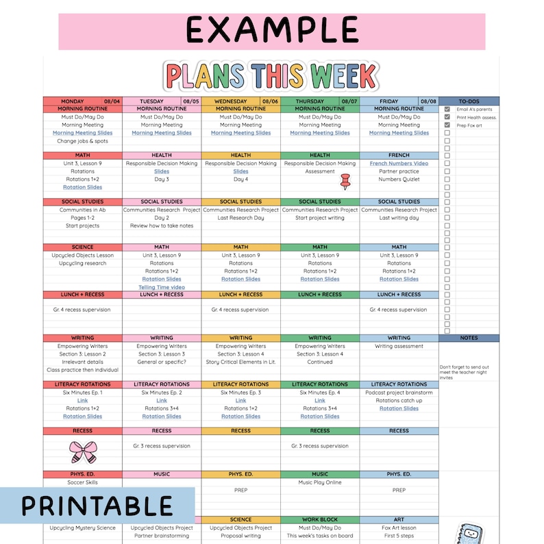 May include: A weekly planner template titled PLANS THIS WEEK with a grid layout organized by days from Monday to Friday. It includes rows for subjects like Math, Science, and Social Studies, a column for to-dos, and a notes section at the bottom.