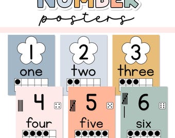 May include: A set of educational number posters featuring the numbers one through six. Each poster displays the numeral, the written word, a flower icon, a ten-frame with black dots, and tally marks or dice icons. The text reads NUMBER posters.