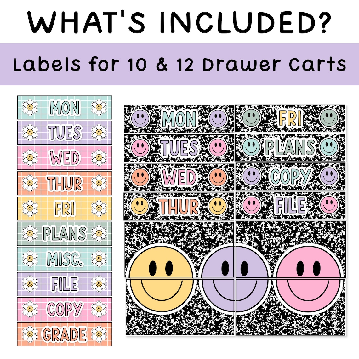 Composition Notebook Decor 10 & 12 Drawer Rolling Cart Labels ...
