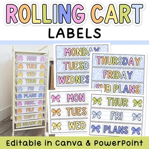 May include: A set of printable rolling cart labels featuring days of the week and organisational categories. The labels include colourful text and icons like bows, pencils, and backpacks on a lined paper background, shown on a ten-tier rolling cart.