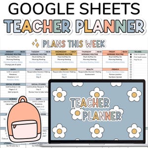May include: A digital teacher planner with a light blue background and white daisy graphics. The words "Teacher Planner" are displayed in a colourful font. The planner includes a weekly schedule with sections for morning routines, maths, health, and social studies.