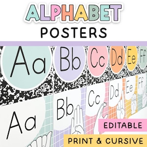 Pósteres del alfabeto y del alfabeto cursivo para decorar cuadernos de composición y decorar el aula en tonos pastel.