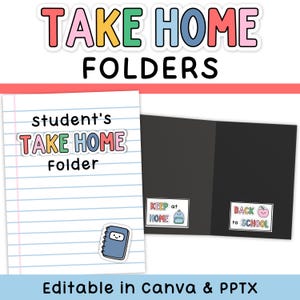 May include: A student's take home folder set featuring a white lined paper cover with the text 'student's TAKE HOME FOLDER' in colourful letters and a blue notebook icon, alongside a black folder with 'KEEP at HOME' and 'BACK to SCHOOL' labels.
