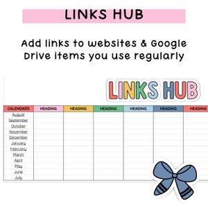 May include: A digital planner page titled LINKS HUB with the text Add links to websites & Google Drive items you use regularly. It features a table with a column for calendars from August to July and six columns labeled HEADING, plus a blue bow.