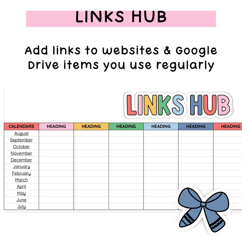 May include: A digital planner page titled LINKS HUB with the text Add links to websites & Google Drive items you use regularly. It features a table with a column for calendars from August to July and six columns labeled HEADING, plus a blue bow.