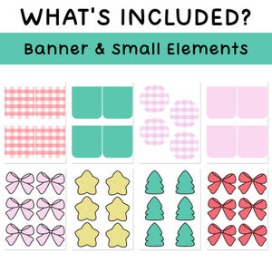Op de afbeelding: Afbeelding met diverse decoratieve elementen: ruitpatronen, effen vierkanten, cirkels, strikken, sterren en kerstbomen. De tekst luidt "WHAT'S INCLUDED?" en "Banner & Small Elements".