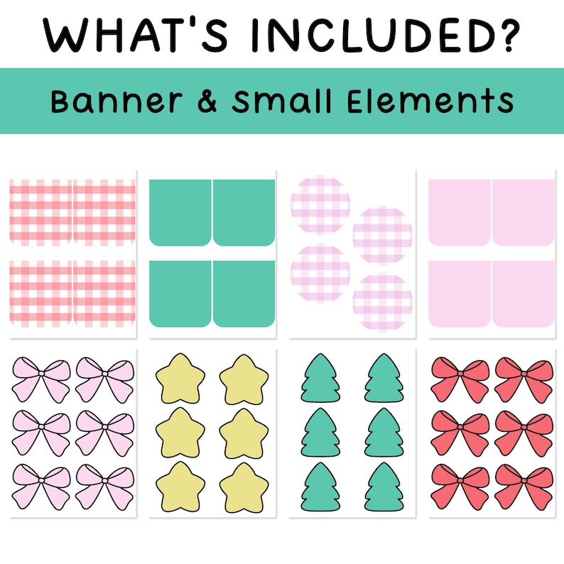 Op de afbeelding: Afbeelding met diverse decoratieve elementen: ruitpatronen, effen vierkanten, cirkels, strikken, sterren en kerstbomen. De tekst luidt "WHAT'S INCLUDED?" en "Banner & Small Elements".