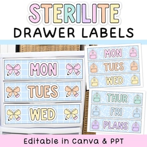 Può includere: Un set di etichette stampabili per cassetti con il testo STERILITE DRAWER LABELS e i giorni della settimana da lunedì a venerdì più PLANS. Le etichette includono grafiche color pastello di fiocchi, matite e zaini su sfondo a griglia blu.