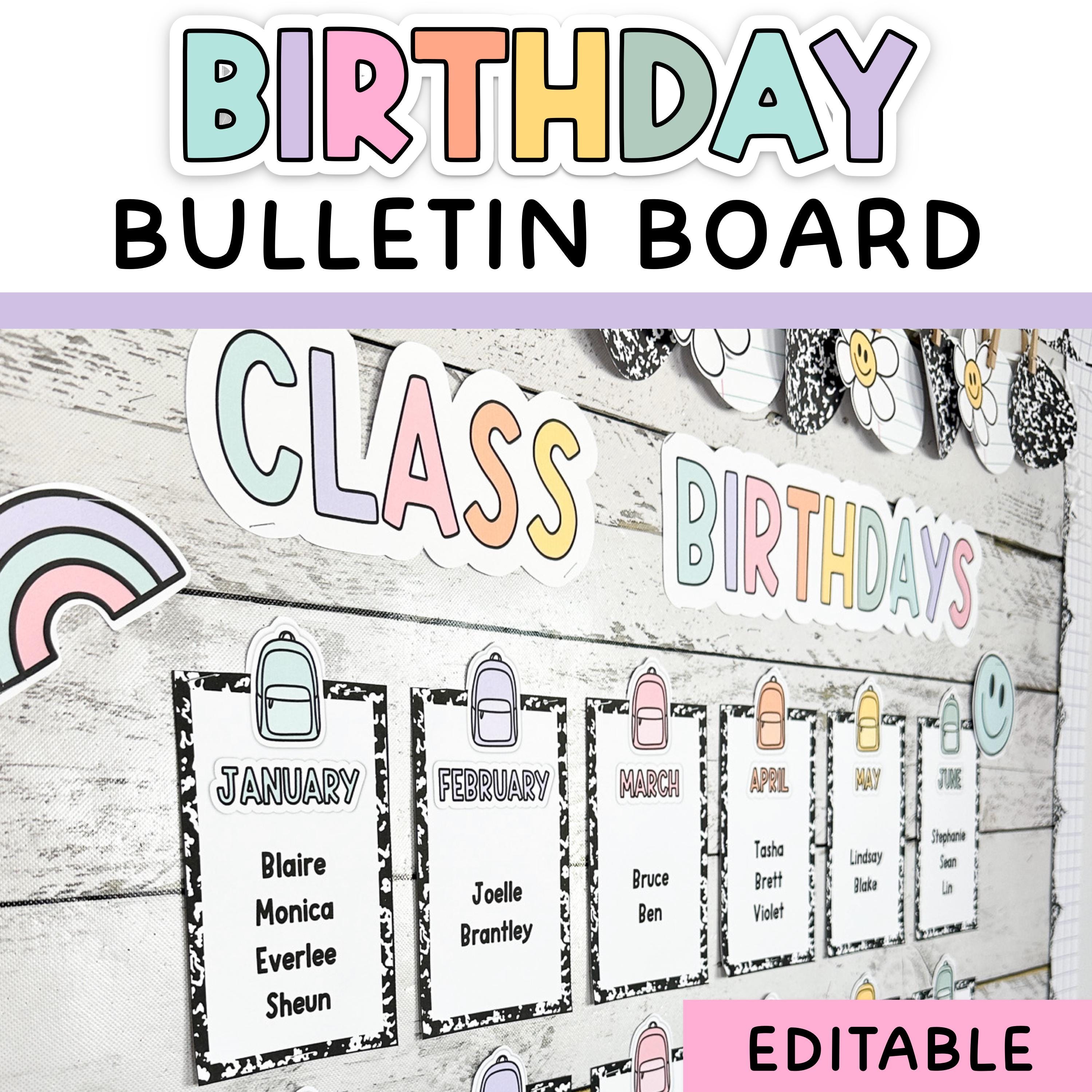 Composition Notebook Birthday Display Editable - Happy Birthday Bulletin Board Matches Pastel & Composition Notebook Classroom Decor Theme