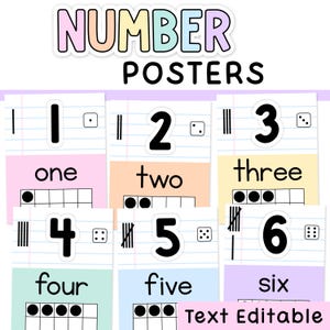 May include: A collection of educational number posters. Each poster features a number from one to six, the written word, a dice representation, and a counting aid. The text "Text Editable" is visible at the bottom.