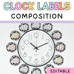 May include: A white clock with black hands and a black bezel, surrounded by circular labels with numbers. The text "CLOCK LABELS COMPOSITION" is at the top, and "EDITABLE" is at the bottom. The clock shows the time as 1:35.
