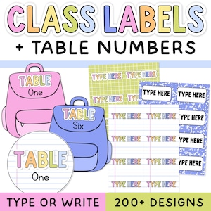 May include: A set of printable class labels and table numbers featuring colorful text and backpack illustrations. The design includes sheets with the text TYPE HERE, lined paper patterns, and labels labeled TABLE One and TABLE Six.