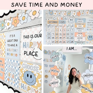 May include: A classroom decor set featuring a September 2025 calendar, flower-shaped cutouts with words like HELPFUL, CREATIVE, and CONFIDENT, and posters with text including SAVE TIME AND MONEY, IT'S A GREAT DAY, and CHOOSE HAPPY.