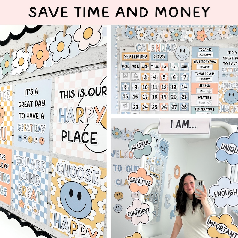 May include: A classroom decor set featuring a September 2025 calendar, flower-shaped cutouts with words like HELPFUL, CREATIVE, and CONFIDENT, and posters with text including SAVE TIME AND MONEY, IT'S A GREAT DAY, and CHOOSE HAPPY.