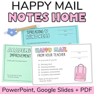 May include: Two printable happy mail note templates for teachers. The first template is light blue with the text "SPREADING KINDNESS" and a heart. The second template is green with the text "ACADEMY IMPROVEMENT" and a backpack. Both templates have space for the teacher to write the student's name, the date, and a message.