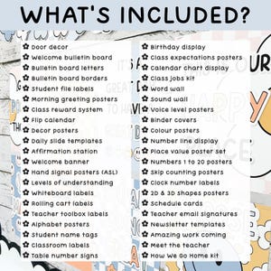 May include: A list titled WHAT'S INCLUDED? featuring classroom decor items: Door decor, Welcome bulletin board, letters, borders, file labels, greeting posters, reward system, flip calendar, posters, slide templates, affirmation station, banner, ASL hand signal posters, levels of understanding, whiteboard, rolling cart, and teacher toolbox labels, alphabet posters, name tags, classroom labels, table signs, birthday display, class expectations, calendar, jobs kit, word wall, sound wall, voice level, binder covers, colour posters, number line, place value, numbers 1-20, skip counting, clock labels, 2D & 3D shapes, schedule cards, email signatures, newsletter templates, amazing work, meet the teacher, and How We Go Home kit.