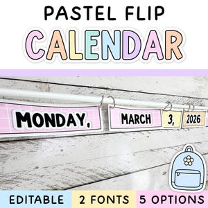 May include: A pastel flip calendar featuring individual cards for the day, month, date, and year, displayed on a white rod with metal rings. The cards have a light pink grid background with black text reading MONDAY, MARCH 3, 2026. A small light blue backpack icon with a white flower is included.