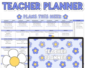 May include: A digital Google Sheets teacher planner template featuring a weekly schedule grid with columns for Monday through Friday, a to-do list, and a laptop screen displaying a light blue background with a repeating pattern of purple flowers.