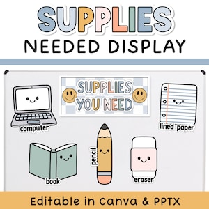 May include: A supplies needed display featuring a white board with cartoon illustrations of a computer, lined paper, a book, a pencil, and an eraser. The text reads SUPPLIES NEEDED DISPLAY, SUPPLIES YOU NEED, computer, lined paper, book, pencil, eraser, and Editable in Canva & PPTX.