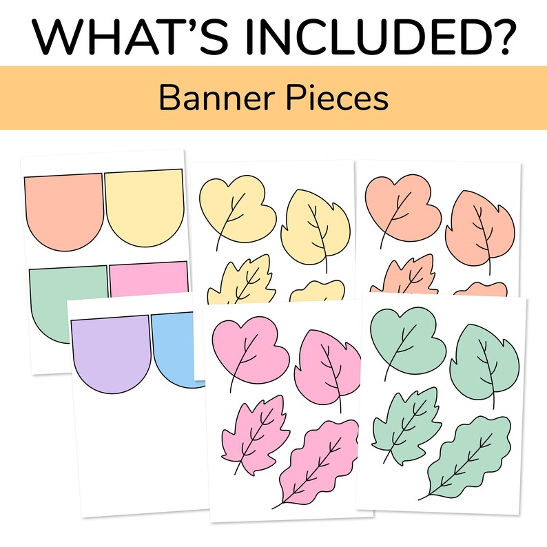 Puede incluir: Piezas de pancarta imprimibles para una fiesta de oto&ntilde;o. La pancarta incluye hojas de colores pastel y formas de semic&iacute;rculo en melocot&oacute;n, amarillo, verde, lavanda y azul.