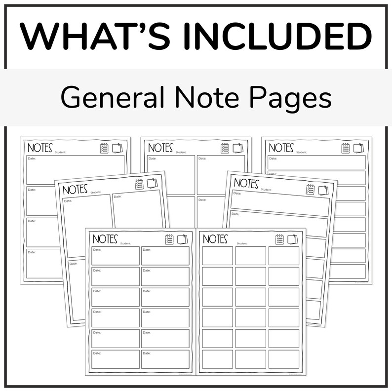 May include: A set of printable general note pages with the text "NOTES" at the top of each page. Each page has a space for the date, student name, and a calendar icon.