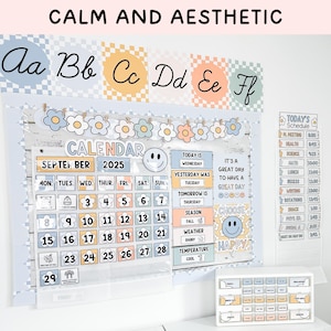 May include: A classroom calendar set featuring a pastel colour palette with checkerboard patterns, floral accents, and smiley faces. The display includes an alphabet banner, a September 2025 calendar, a daily schedule, and a small organiser with labels.