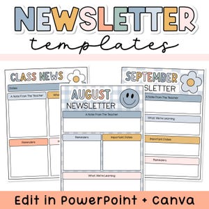 May include: Three digital newsletter templates featuring pastel blue, yellow, and pink accents with checkered backgrounds. The designs include headers like CLASS NEWS, AUGUST NEWSLETTER, and SEPTEMBER NEWSLETTER, with sections for notes, reminders, and learning goals.