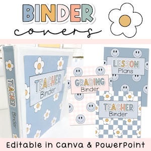 May include: A set of printable binder covers featuring pastel blue, pink, and white patterns with daisy and smiley face graphics. The designs include text labels such as Teacher Binder, Grading Binder, and Lesson Plans, editable in Canva and PowerPoint.
