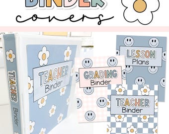May include: A set of printable binder covers featuring pastel blue, pink, and white patterns with daisy and smiley face graphics. The designs include text labels such as Teacher Binder, Grading Binder, and Lesson Plans, editable in Canva and PowerPoint.