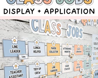 May include: A classroom display set featuring the text CLASS JOBS in pastel colors. The set includes rectangular cards with labels like LINE LEADER, LUNCH HELPER, and TEACHER ASSISTANT, each topped with a small white flower icon and name tags.