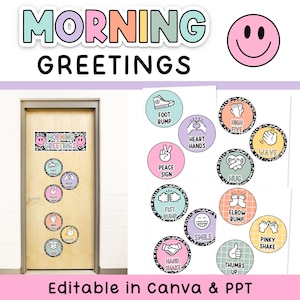 May include: A set of printable morning greeting signs featuring colorful circular icons with black and white borders. Each icon displays a hand gesture or action labeled with text including foot bump, heart hands, peace sign, high five, wave, hug, fist bump, smile, elbow bump, hand shake, and thumbs up.