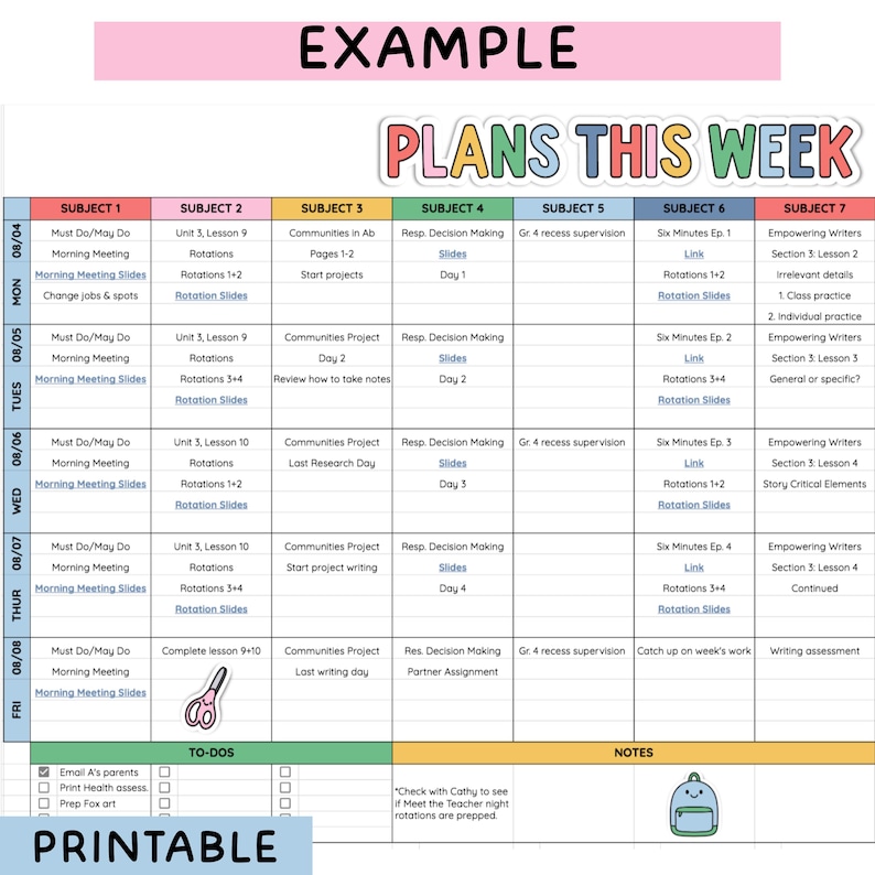 May include: A weekly lesson planner template with a grid layout titled PLANS THIS WEEK. It features columns for seven subjects and rows for Monday through Friday, including sections for to-dos and notes. The design includes a pink scissors icon.