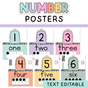 May include: A set of colorful number posters with a backpack graphic above each number. The posters display the numbers one through six, along with the number word and a ten frame. The words "NUMBER POSTERS" are at the top.