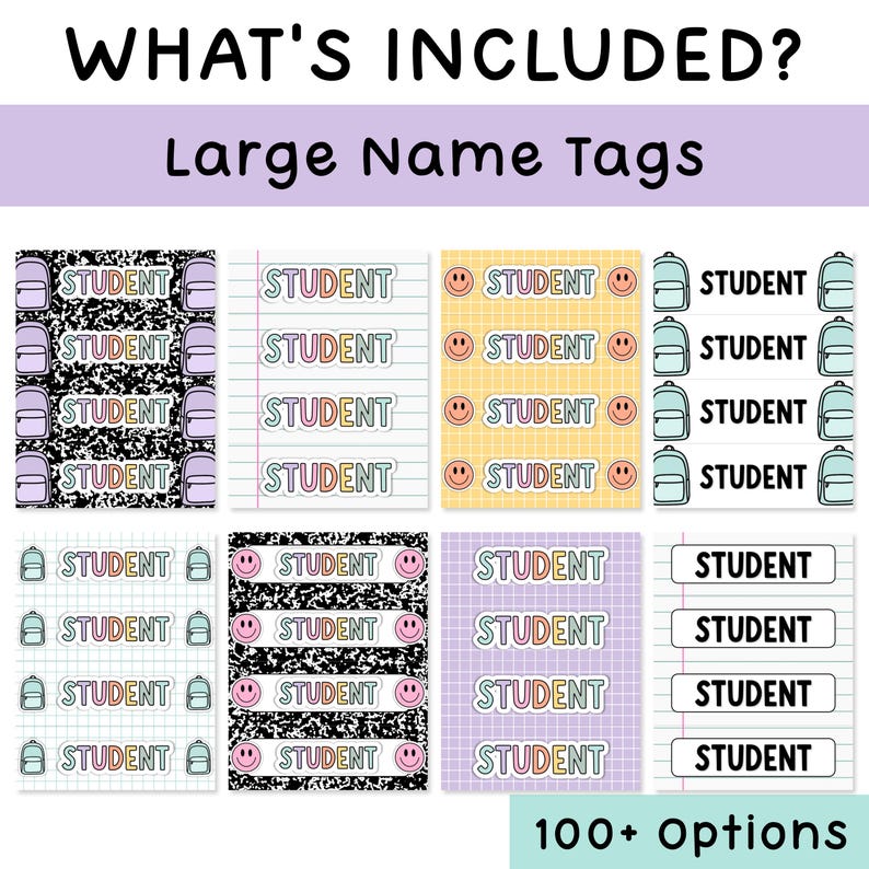 May include: A collection of large name tags featuring the word STUDENT in various colorful fonts. The designs include patterns like black and white marble, lined paper, yellow grid, and light purple grid, accented with backpacks and smiley faces.