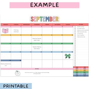May include: A September monthly calendar planner featuring a colorful header, a grid with numbered days, and a right-hand to-do list column. It includes illustrations of a smiling book, a green bow, and a smiling apple, plus text for school tasks.