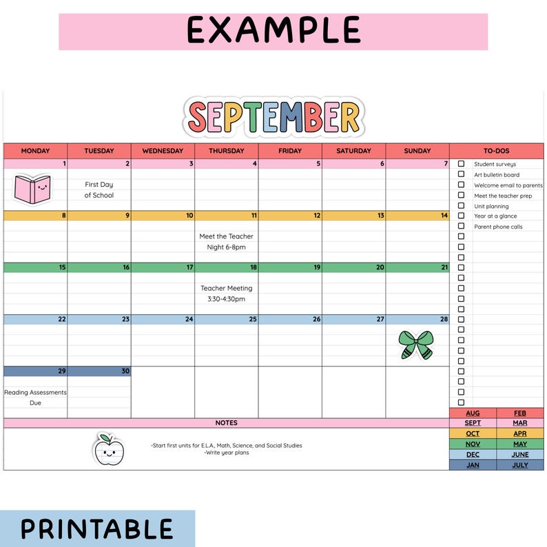 May include: A September monthly calendar planner featuring a colorful header, a grid with numbered days, and a right-hand to-do list column. It includes illustrations of a smiling book, a green bow, and a smiling apple, plus text for school tasks.
