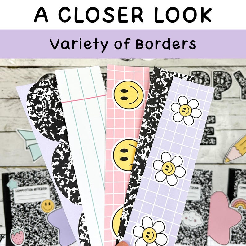 K&ouml;nnte beinhalten: Ein Set aus vier dekorativen Papierbord&uuml;ren mit verschiedenen Mustern: ein schwarz-wei&szlig; gesprenkeltes Notizbuch-Design, wei&szlig;es liniertes Papier mit rosa Rand, ein rosa Gitter mit gelben Smileys und ein hellviolettes Gitter mit wei&szlig;en Blumen.
