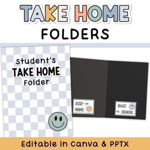 May include: A student's take home folder featuring a light blue and white checkered pattern with a green smiley face icon. The interior is black with two white labels reading KEEP at HOME with a sun icon and BACK to SCHOOL with a smiley face.