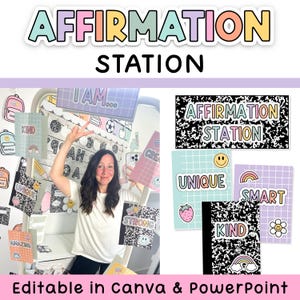 Estación de Afirmaciones para Cuadernos de Composición: Afirmaciones Positivas Editables con Espejo que Combina con Pastel y el Tema de Decoración del Aula del Cuaderno de Composición