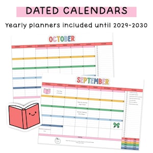 May include: Dated calendars with yearly planners included until 2029-2030. The pages feature monthly grids for October and September with colorful headers, a to-do list column, and small illustrations of a smiling book and an apple.